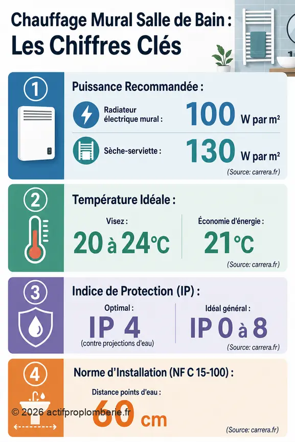 Infographie sur les chiffres clés pour choisir le chauffage mural idéal de salle de bain : puissance, température, IP et distances.