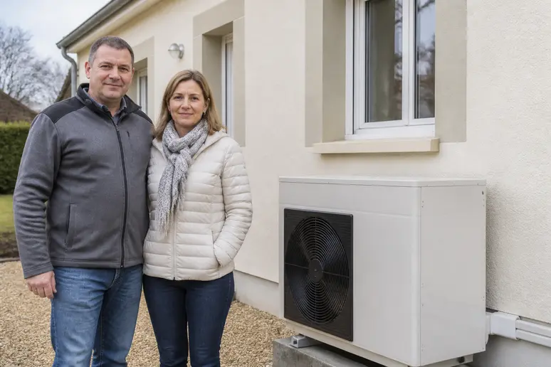 Couple français souriant à côté de leur pompe à chaleur, soulignant l'efficacité énergétique et l'écologie domestique.