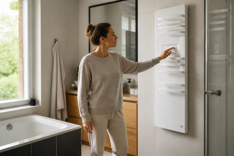 Une femme choisit la puissance idéale pour un radiateur mural, calculant l'apport thermique pour sa salle de bain.