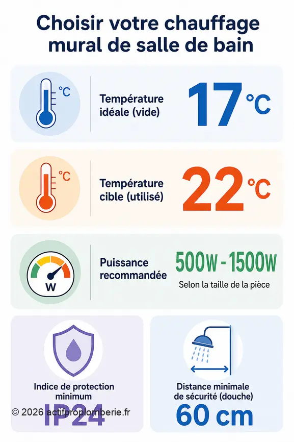 Guide pour choisir un chauffage mural de salle de bain : températures, puissance et conseils de sécurité.