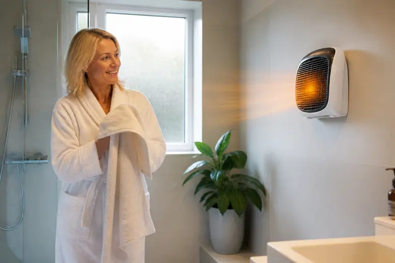 Une femme en peignoir sourit dans une salle de bain moderne, profitant de la chaleur d'un radiateur soufflant mural récemment activé.