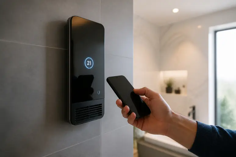 Une main utilise un smartphone pour régler un chauffage mural de salle de bain, mettant en avant les fonctionnalités de contrôle à distance.