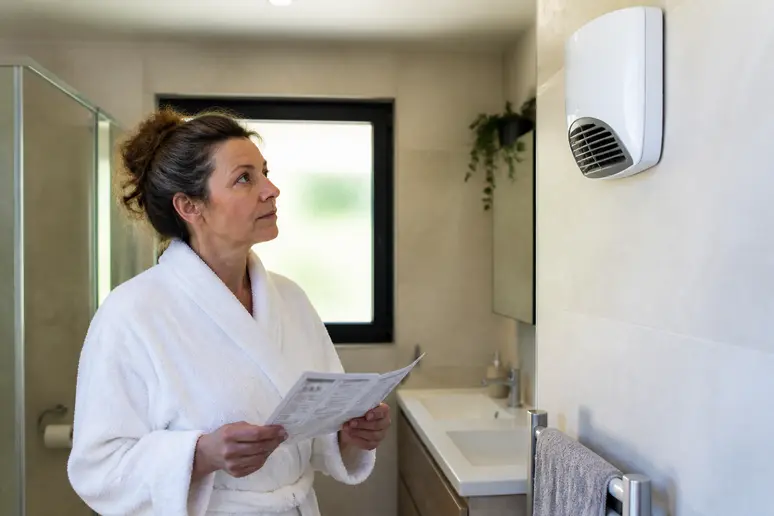 Une femme en peignoir examine un radiateur soufflant mural dans une salle de bain moderne, réfléchissant à son choix.