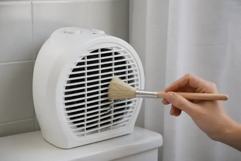 Gros plan d'une main nettoyant délicatement la grille d'un radiateur soufflant portable dans une salle de bain bien entretenue.