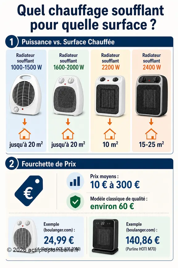 Comparaison des radiateurs soufflants : puissance, surface chauffée et fourchettes de prix indicatives pour faire son choix.