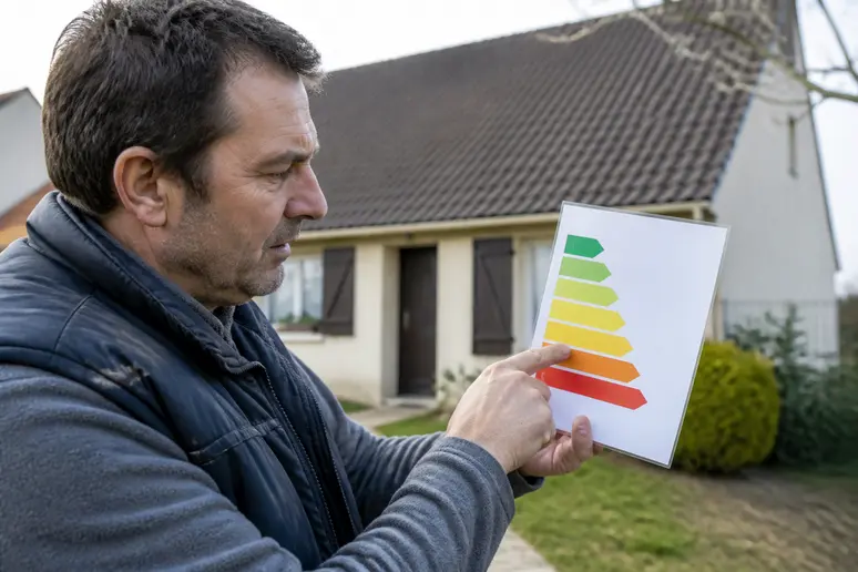 Un homme français examine l'étiquette énergétique 'E' d'une maison, symbolisant une performance moyenne.