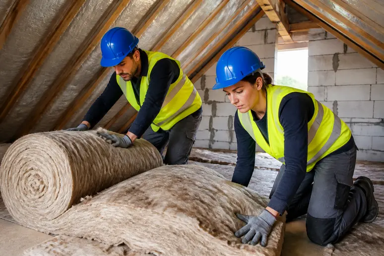 Des artisans qualifiés installent de l'isolant dans les combles d'une maison pour améliorer son classement énergétique.