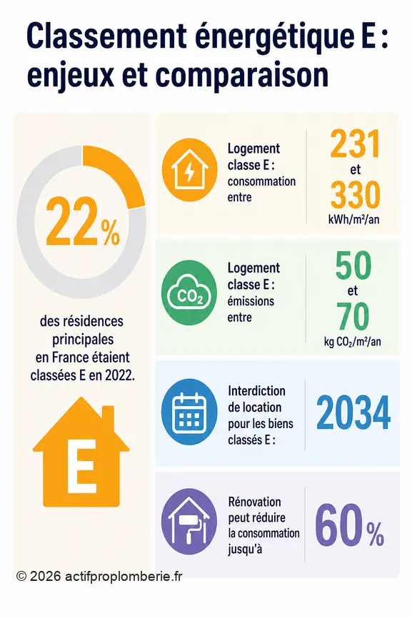 Comparaison des statistiques clés pour le classement énergétique E, incluant la consommation, les émissions, et les dates d'interdiction de location.