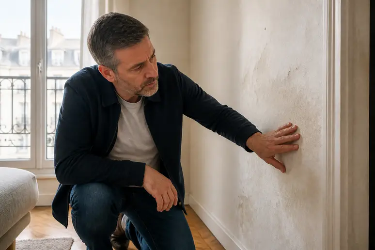 Un homme observe attentivement un mur à la recherche de taches d'humidité suspectes dans un appartement français.