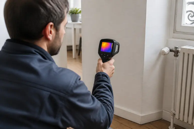 Un technicien utilise une caméra thermique pour localiser une fuite d'eau cachée derrière un mur dans une maison française.