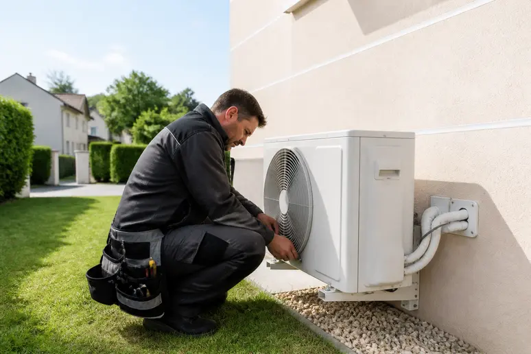 Un technicien français vérifie l'unité extérieure d'une pompe à chaleur air-eau installée sur une maison, illustrant les différentes technologies disponibles.