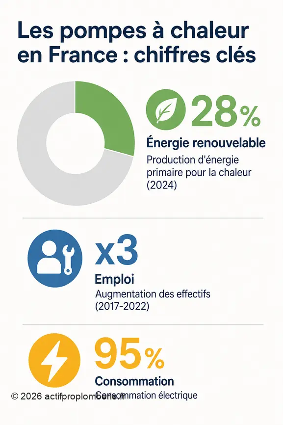 Infographie synthétique sur l'importance croissante des pompes à chaleur en France avec des chiffres sur leur production d'énergie et l'emploi.