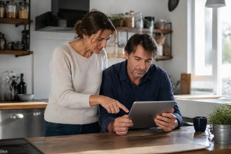 Un couple français discute de son projet de rénovation sur une tablette dans sa cuisine, sous une lumière naturelle.
