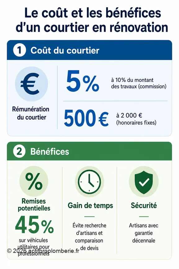 Infographie sur la rémunération, les remises, le gain de temps et la sécurité liés à l'utilisation d'un courtier en rénovation.