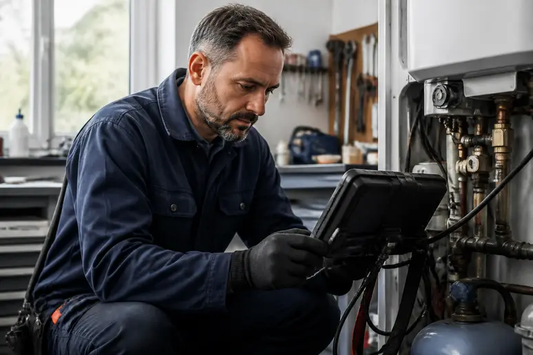 Un plombier professionnel examine un appareil sophistiqué dans son atelier, mettant en évidence l'expertise technique dans la détection de fuites d'eau.