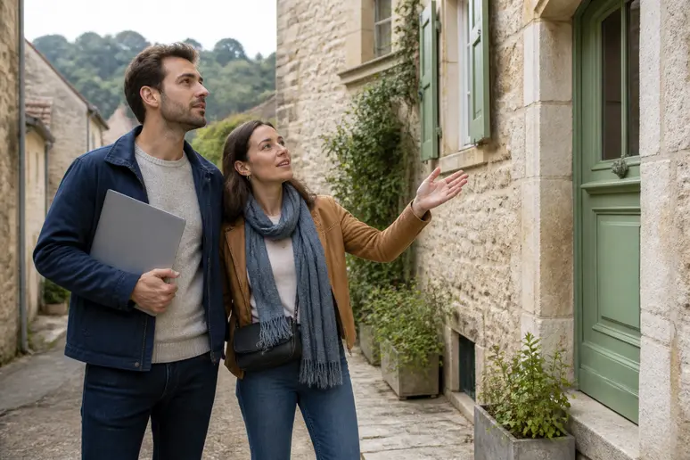 Un couple examine une maison avec enthousiasme, un document DPE à la main.