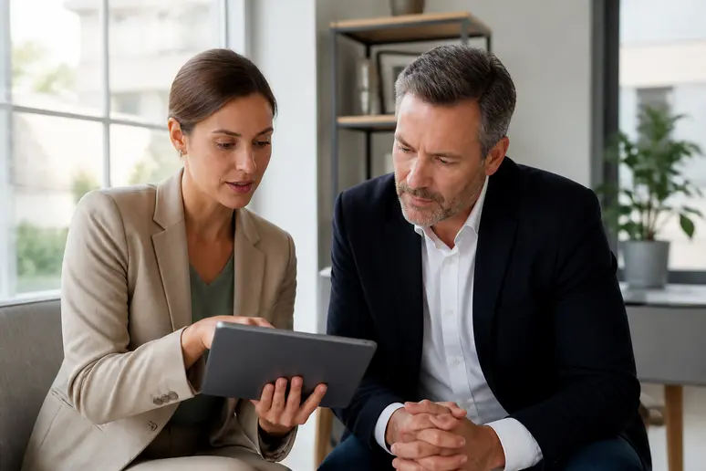 Consultante expliquant les résultats du DPE sur une tablette à un propriétaire d'entreprise dans un bureau moderne.