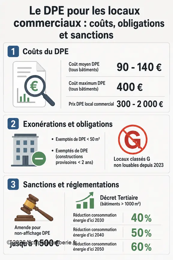 Infographie détaillant les coûts, les exemptions, les sanctions et les objectifs du Décret Tertiaire liés au DPE pour les locaux commerciaux.