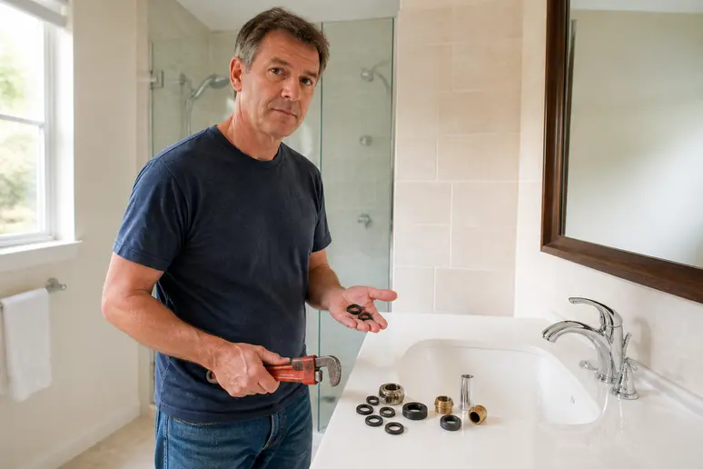 Un homme tient une clé à molette et des joints pour réparer un robinet qui fuit dans une salle de bain.