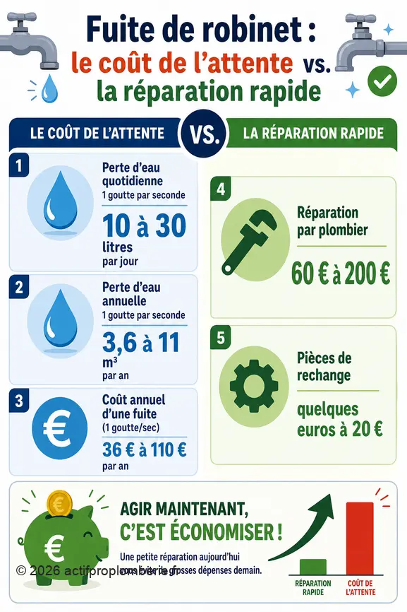 Comparaison visuelle des coûts : perte d'eau annuelle d'une fuite vs. coût de réparation d'un robinet qui goutte.
