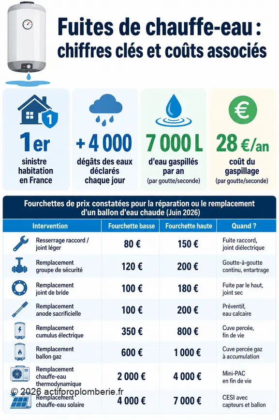 Infographie présentant les dégâts des fuites de chauffe-eau, leur coût, et un tableau comparatif des prix de réparation.