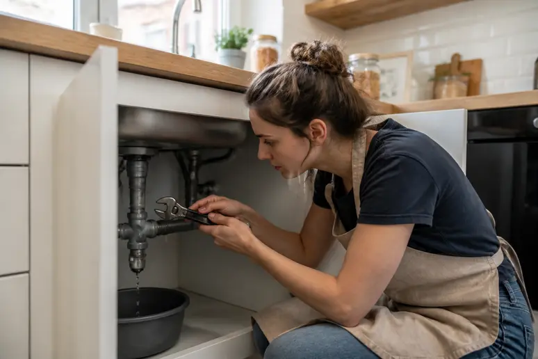 Une jeune locataire ajuste un raccord sous l'évier pour stopper une petite fuite, illustrant l'entretien courant.