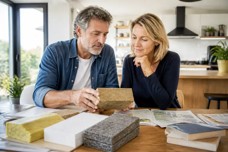 Couple français étudiant des échantillons d'isolants et des brochures pour des travaux d'amélioration énergétique en 2026.