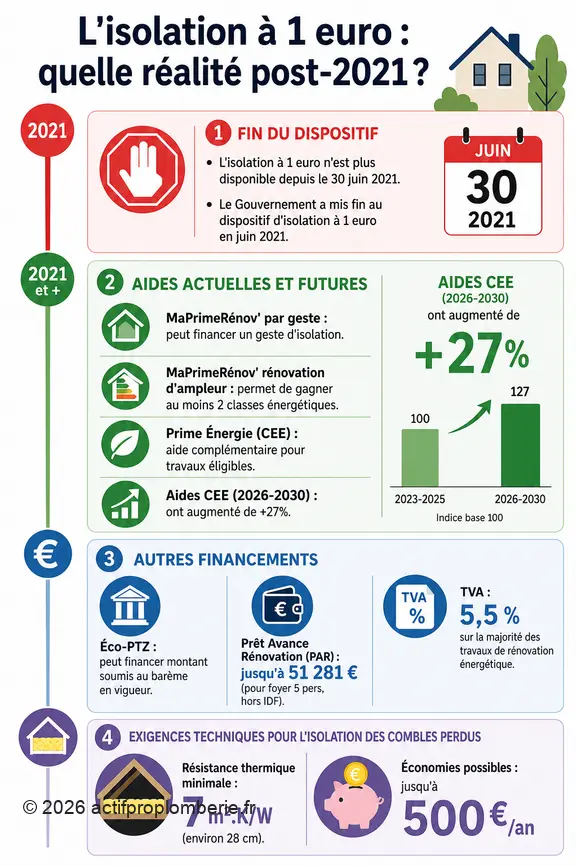 Synthèse visuelle des aides et exigences actuelles pour l'isolation après la fin du dispositif à 1 euro.