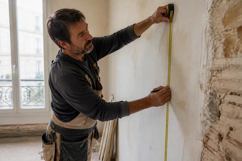Un homme mesure avec précision un mur intérieur dans une maison en rénovation, prêt à poser un isolant.