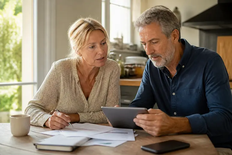 Un couple français examine attentivement des documents et une tablette, discutant du financement des travaux d'isolation.
