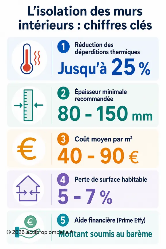 Infographie présentant les chiffres clés de l'isolation des murs intérieurs : réduction des déperditions, épaisseur, coût et perte de surface.