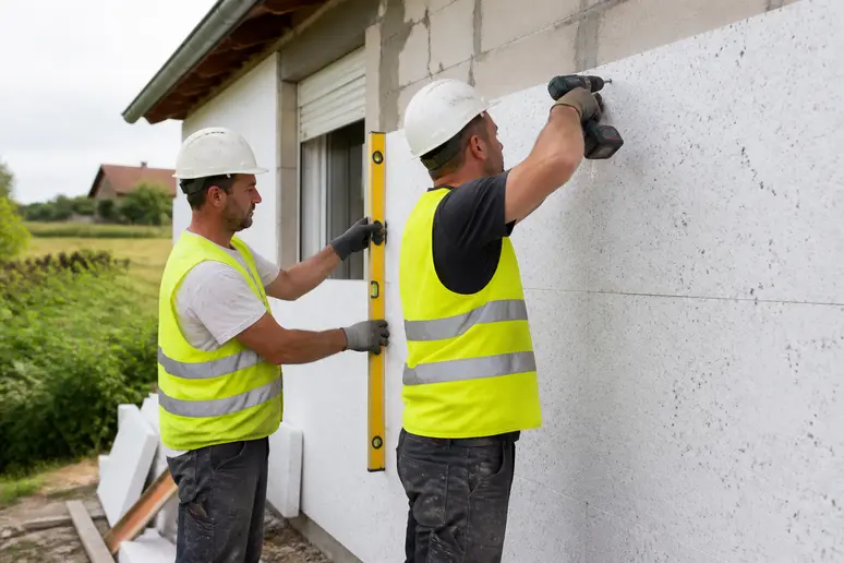 Artisans installant des panneaux d'isolant sur la façade d'une maison en France.