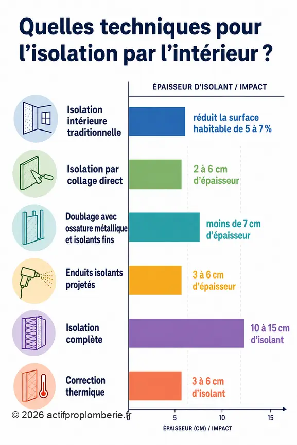 Comparaison des épaisseurs des techniques d'isolation par l'intérieur et leur impact sur la surface habitable.