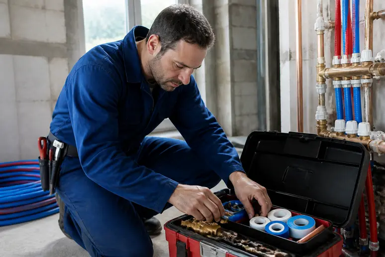 Plombier français organisant méticuleusement raccords et ruban téflon dans sa boîte à outils sur un chantier.