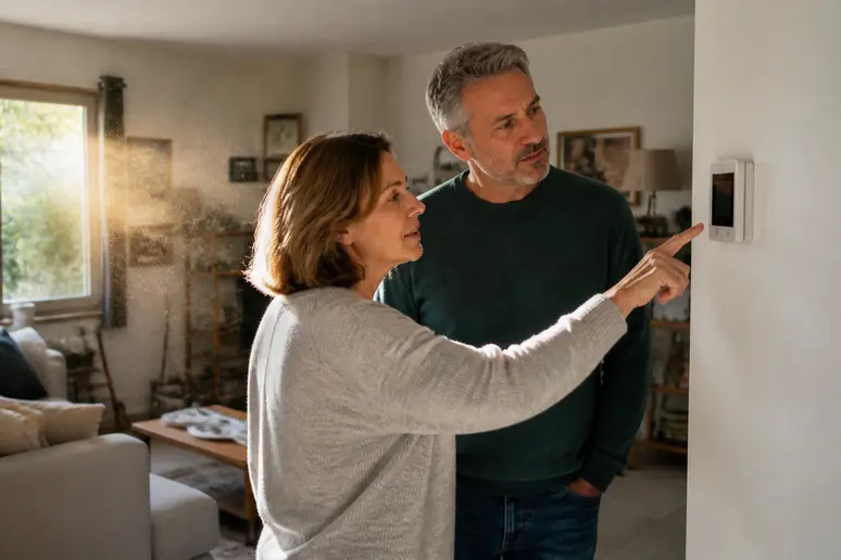 Un couple examine le panneau de contrôle d'une pompe à chaleur dans leur salon, une légère inquiétude sur leurs visages.