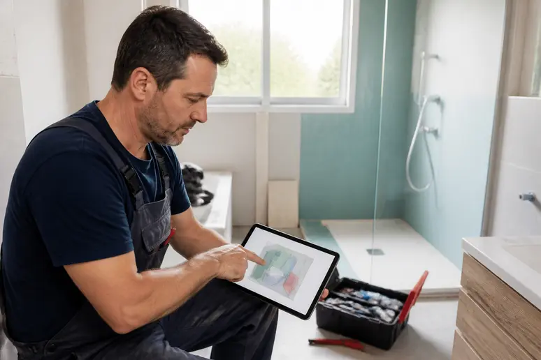 Un plombier français explique les volumes de sécurité de la salle de bain en utilisant un schéma sur tablette.