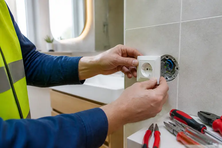 Mains d'un électricien français installant une prise de courant conforme dans une salle de bain moderne.