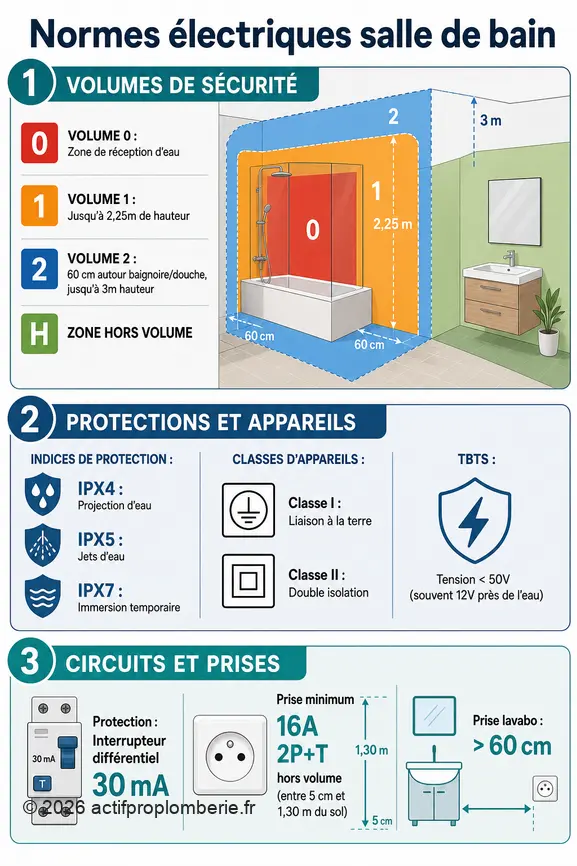 Infographie expliquant les volumes de sécurité, indices de protection et normes pour l'électricité dans une salle de bain.