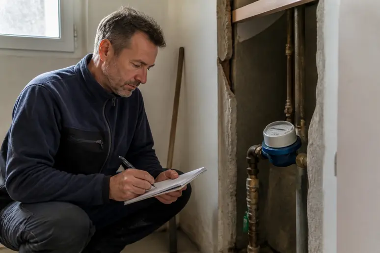 Un homme d'âge mûr vérifie le compteur d'eau dans une pièce utilitaire, notant des informations pour un diagnostic de pression.