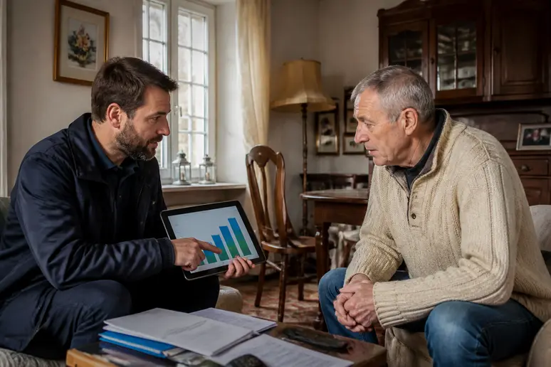 Installateur certifié RGE expliquant les montants des aides financières pour une pompe à chaleur géothermique à un propriétaire français.