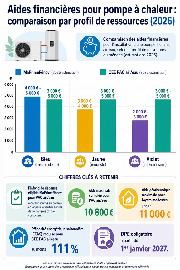 Comparaison des aides financières pour une pompe à chaleur air/eau en 2026 selon les profils de ressources et dispositifs d'aide.