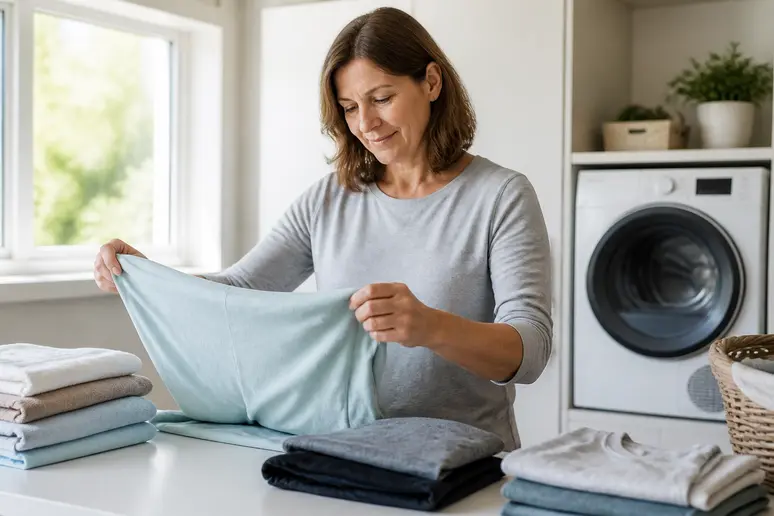 Une femme d'âge mûr plie du linge dans une buanderie moderne, soulignant le soin apporté aux vêtements et l'efficacité domestique.