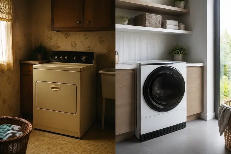 Comparaison visuelle entre un sèche-linge à condensation classique et un modèle à pompe à chaleur plus récent et économe en énergie.