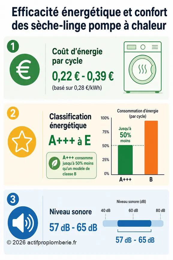 Infographie comparant le coût, la classe énergétique et le niveau sonore des sèche-linge à pompe à chaleur.