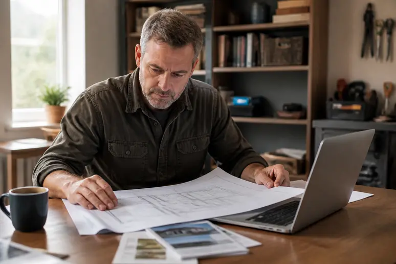 Un homme examine des plans et des brochures bancaires pour choisir le financement de travaux idéal.
