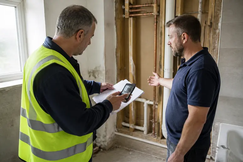 Un superviseur de chantier discute avec un plombier en montrant une facture et des photos des travaux en cours.