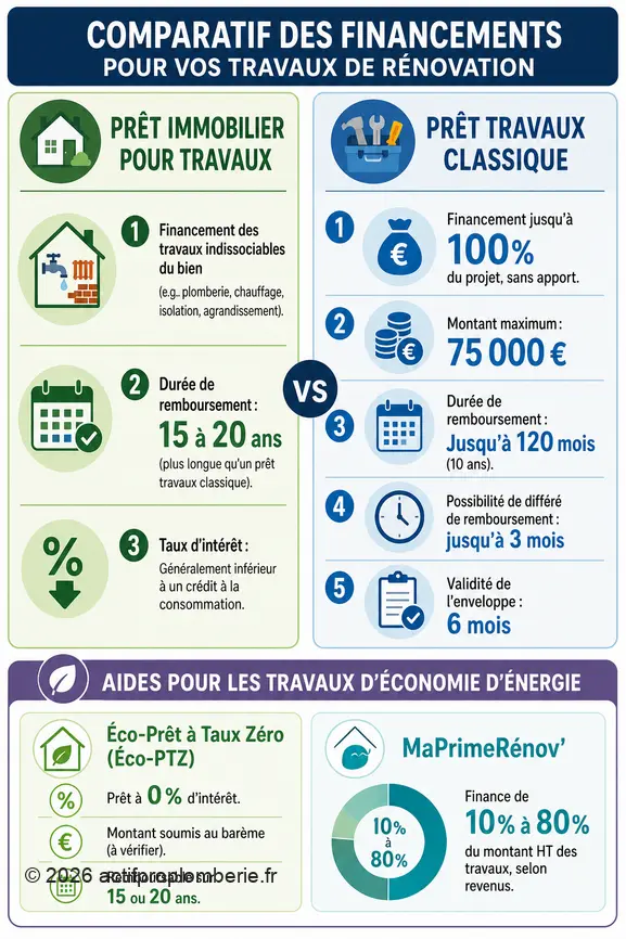 Comparaison des prêts immobiliers et travaux pour financer des rénovations, avec aides financières disponibles.