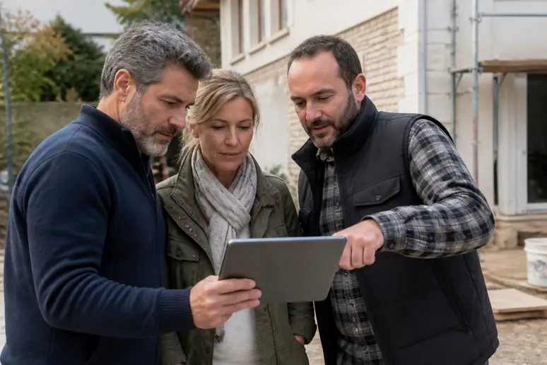 Couple français discutant des aides financières pour leur projet de rénovation avec un artisan expérimenté.