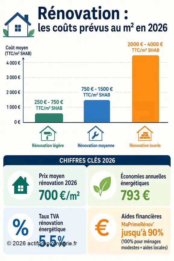 Infographie comparant les coûts de rénovation au m² en 2026, incluant les aides et économies potentielles.