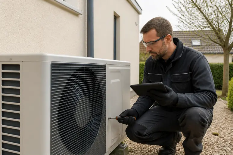 Technicien français effectuant l'entretien d'une pompe à chaleur air-eau extérieure sur le mur d'une maison.